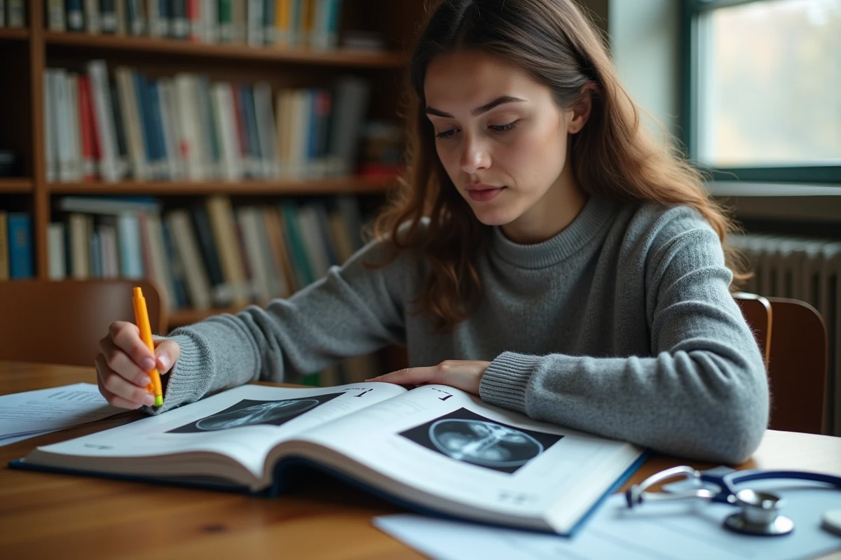 Étudiante en médecine étudiant les différences entre T1 et T2 en IRM dans une bibliothèque universitaire