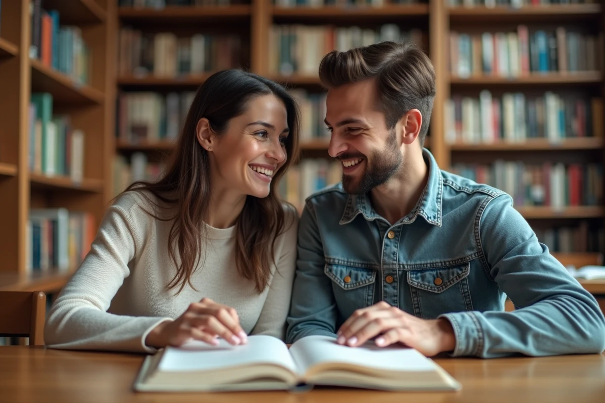 Deux étudiants consultant un manuel de grammaire française à la bibliothèque pour comprendre les règles conjugaison