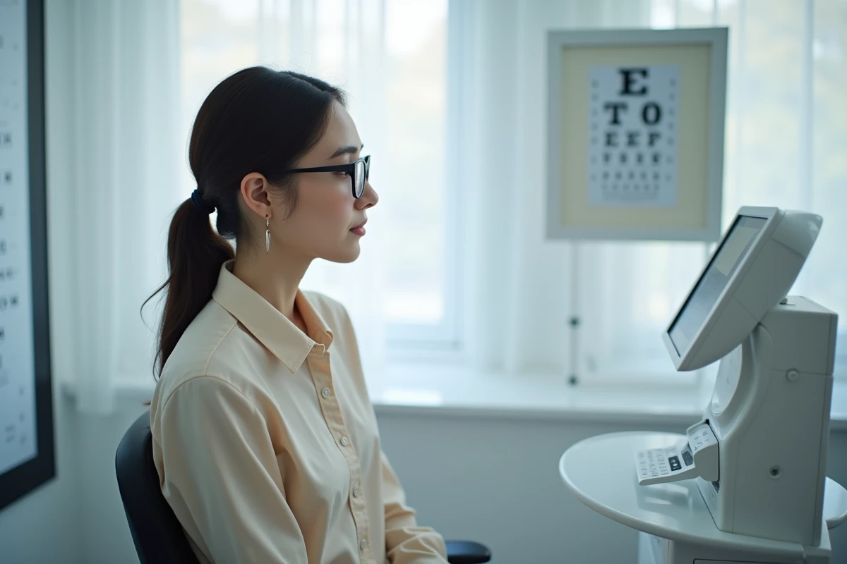 Jeune femme lors d'un examen ophtalmologique portant une monture d'essai pour corriger des problèmes de vision