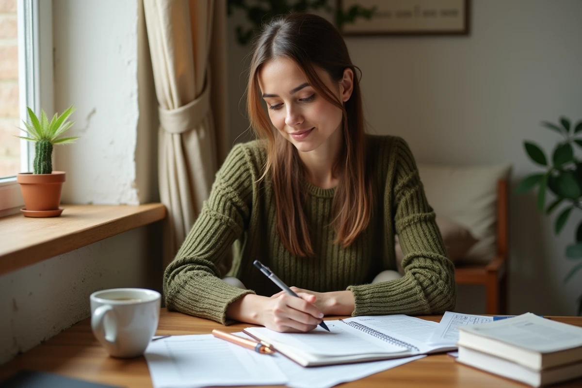 Femme complétant des exercices écrits de thérapie ACT dans un bureau chaleureux à domicile