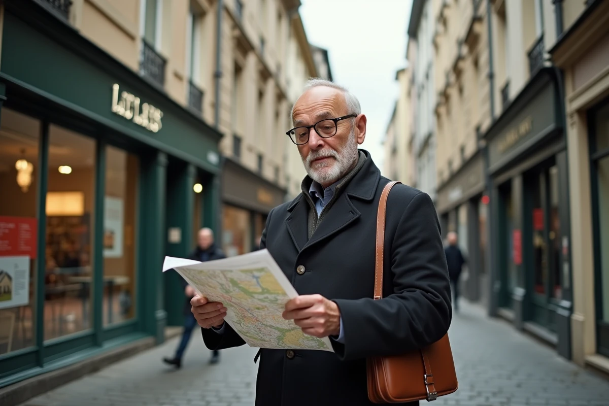 Expert immobilier évaluant les prix au m2 d'un quartier en consultant un plan cadastral dans une rue commerçante urbaine