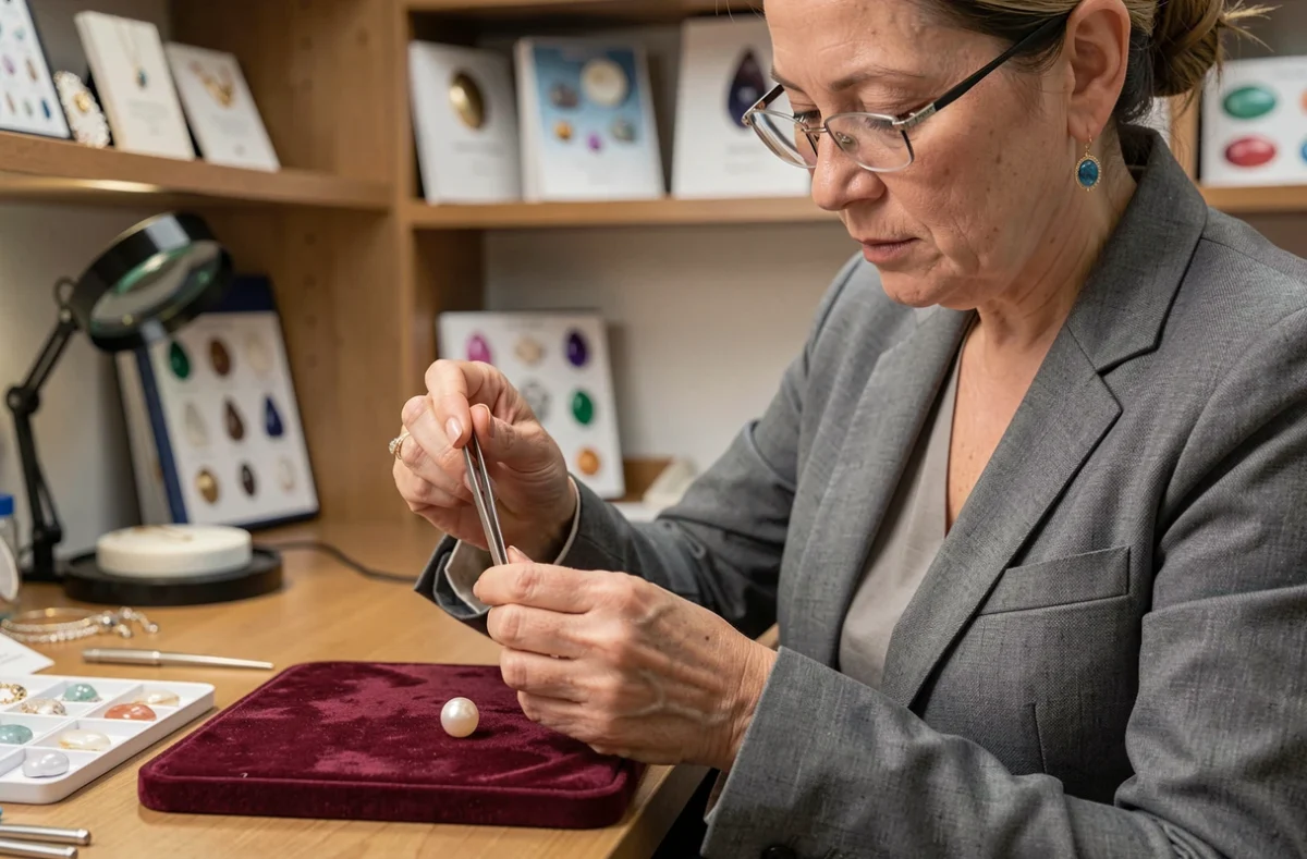 Experte en joaillerie évaluant une perle d'huître naturelle avec des pinces dans un atelier professionnel d'estimation