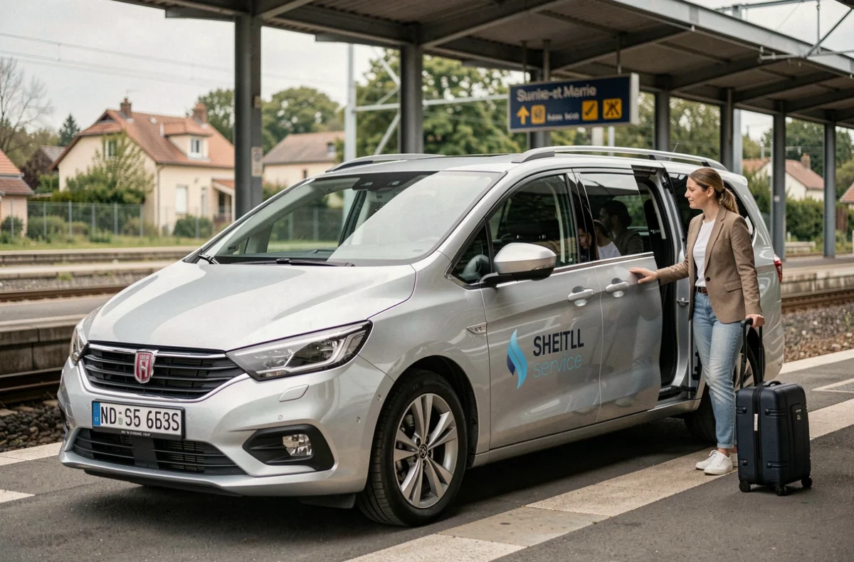 Un minivan argenté de service navette garé à une gare de Seine-et-Marne avec une conductrice aidant un passager pour Ezyshuttle