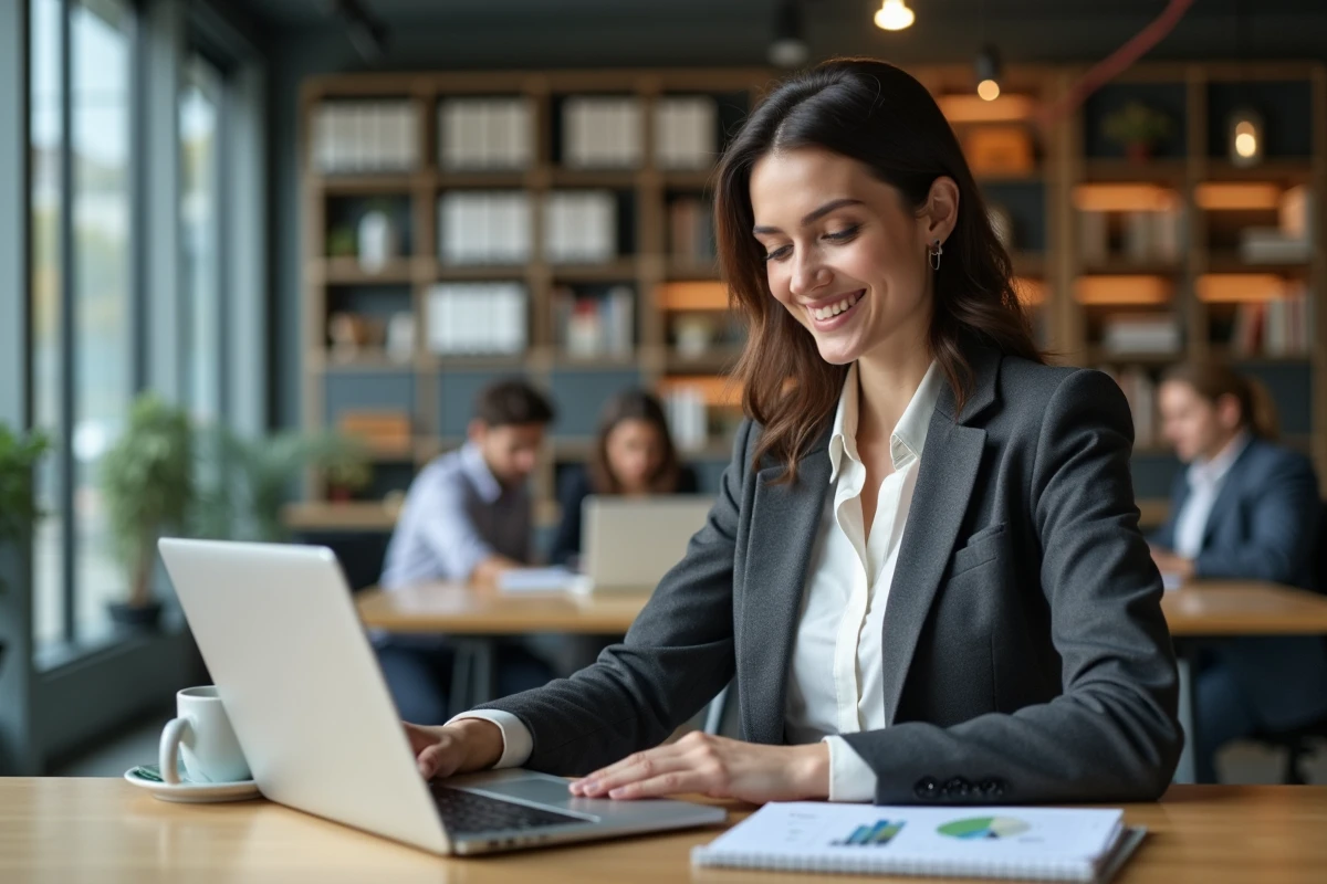 Entrepreneuse analysant des graphiques économiques dans un bureau moderne, symbolisant le facteur de production capital humain et entrepreneuriat