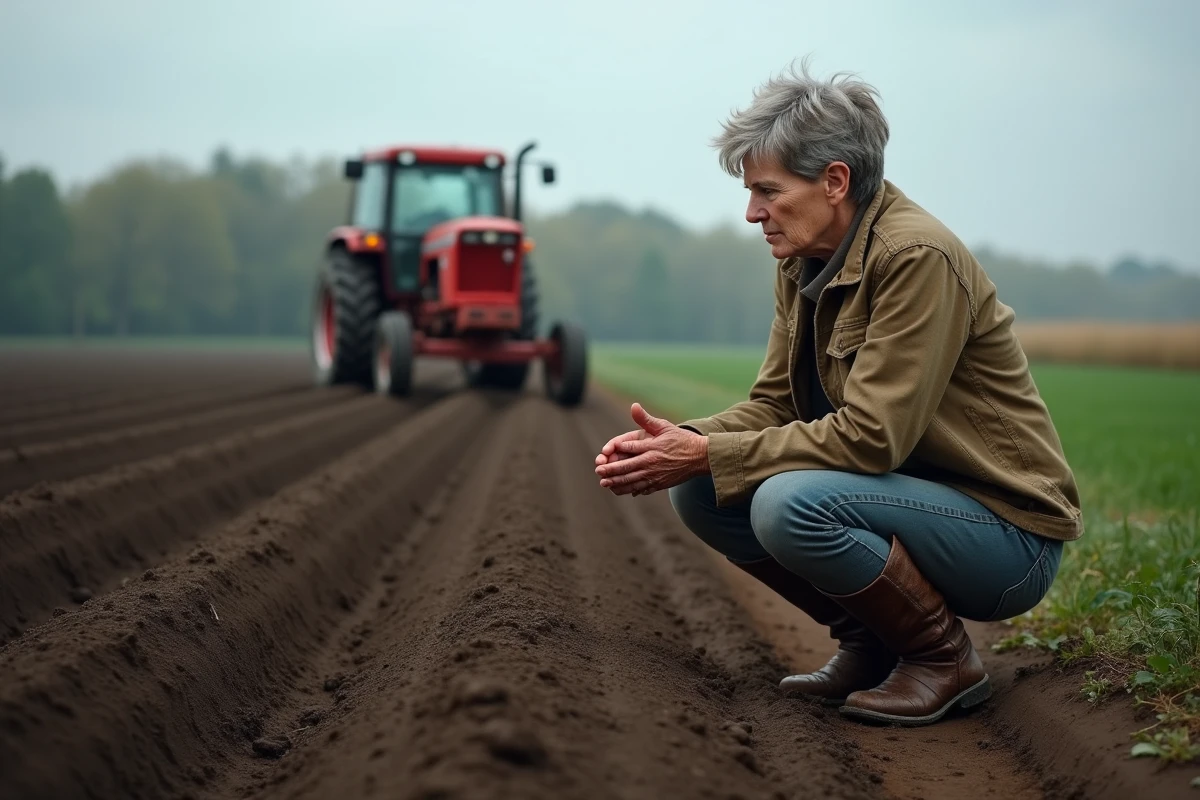Agricultrice inspectant la qualité du sol dans un champ cultivé avec un tracteur rouge, représentant le facteur de production terre et capital physique