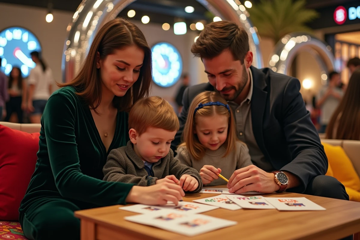 Jeune famille avec enfants dans un espace kids-friendly décoré pour le réveillon du nouvel an 2026 avec ballon argenté et activités enfants