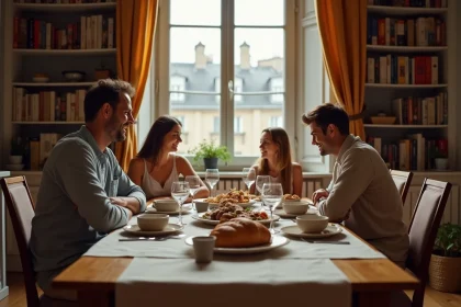 Famille française réunie autour d'un repas traditionnel lors d'un jour férié en 2026