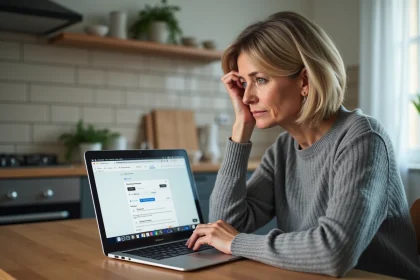 Femme consultant l'annuaire inversé Pages Blanches sur son ordinateur portable dans une cuisine