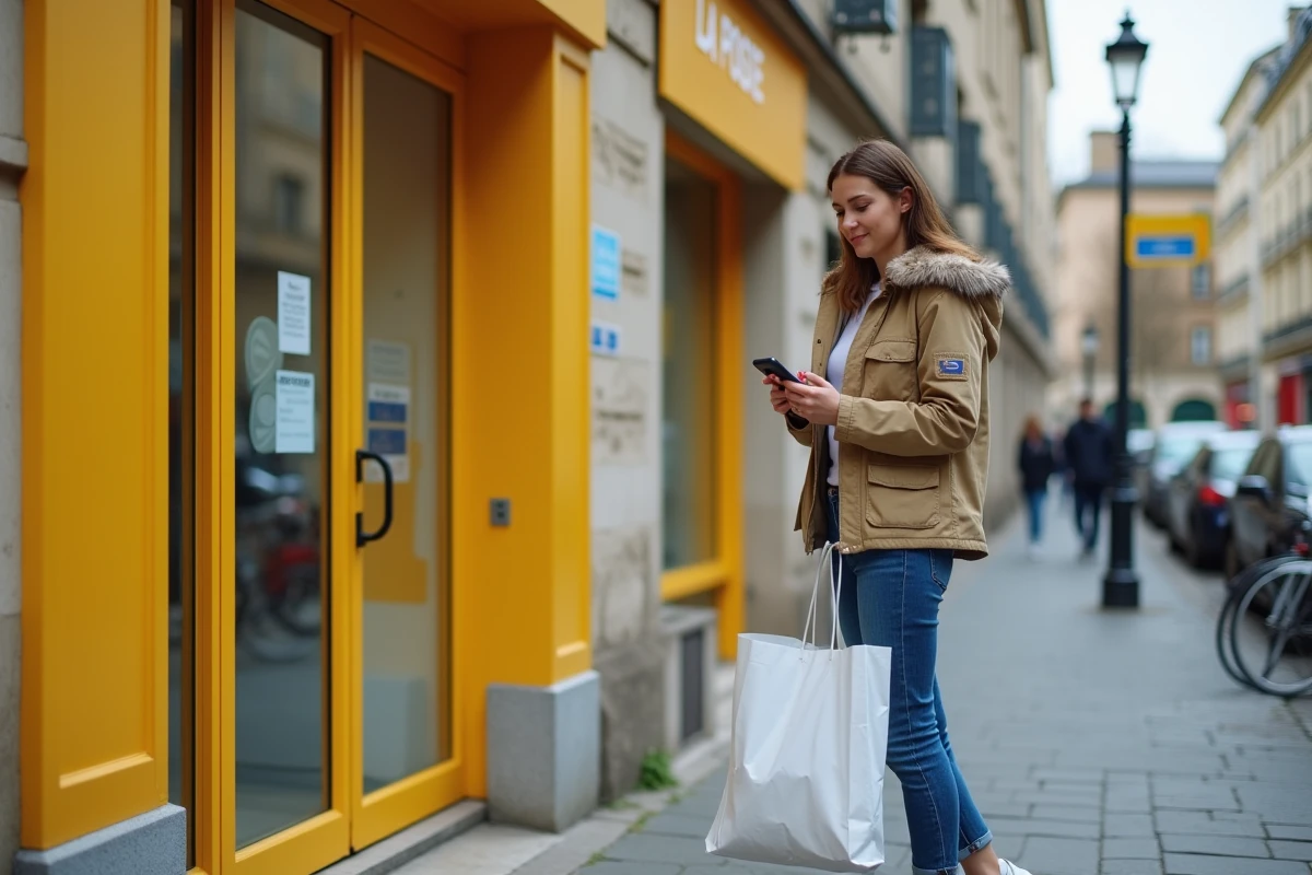 Jeune femme vérifiant l'application Vinted devant un bureau de poste pour déposer un colis