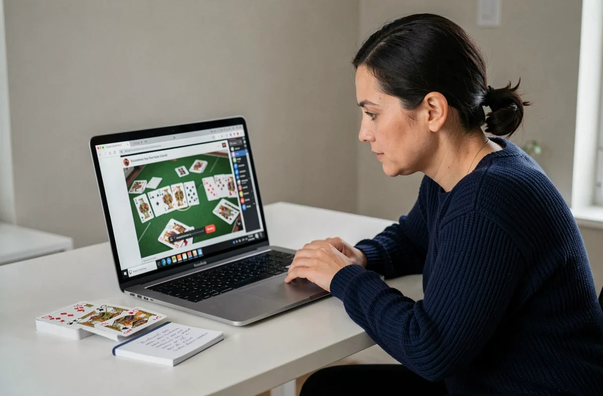 Femme apprenant la belote à deux grâce à une vidéo tutoriel sur ordinateur portable, avec des cartes et des notes sur le bureau