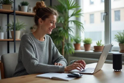 Femme utilisant un assistant vocal et une interface d'intelligence artificielle dans un bureau à domicile moderne