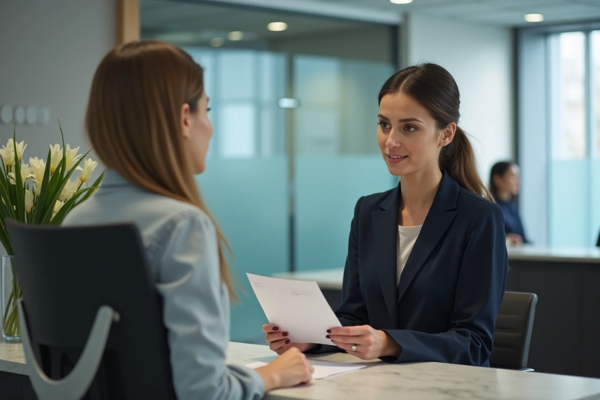 Femme en train de clôturer son compte courant dans une agence bancaire moderne