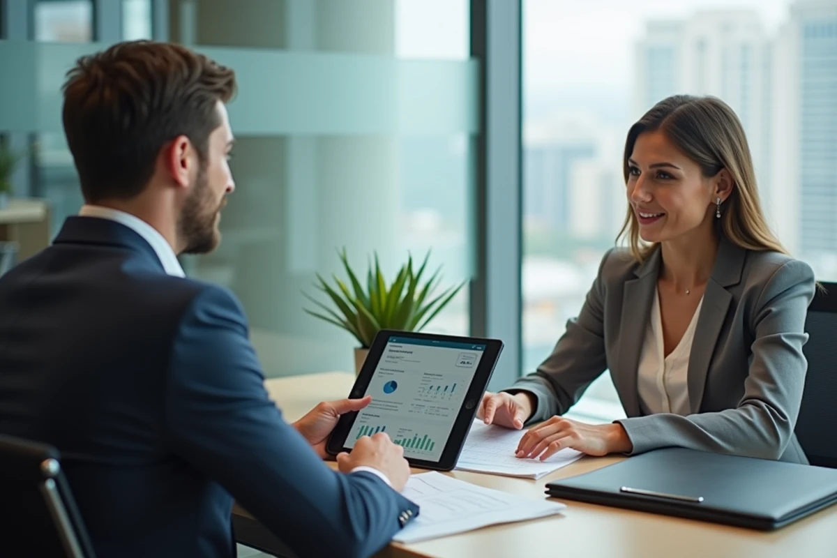Femme consultant un conseiller financier pour optimiser un décaissement bancaire
