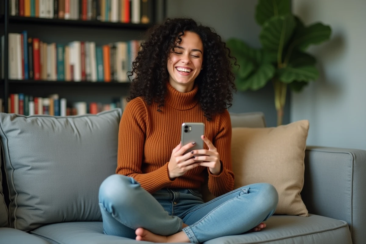 Jeune femme souriante en conversation vidéo sur son canapé dans un appartement moderne