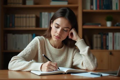 Femme écrivant dans un carnet avec soin, illustrant la question orthographique entre appelle-moi et appelles-moi