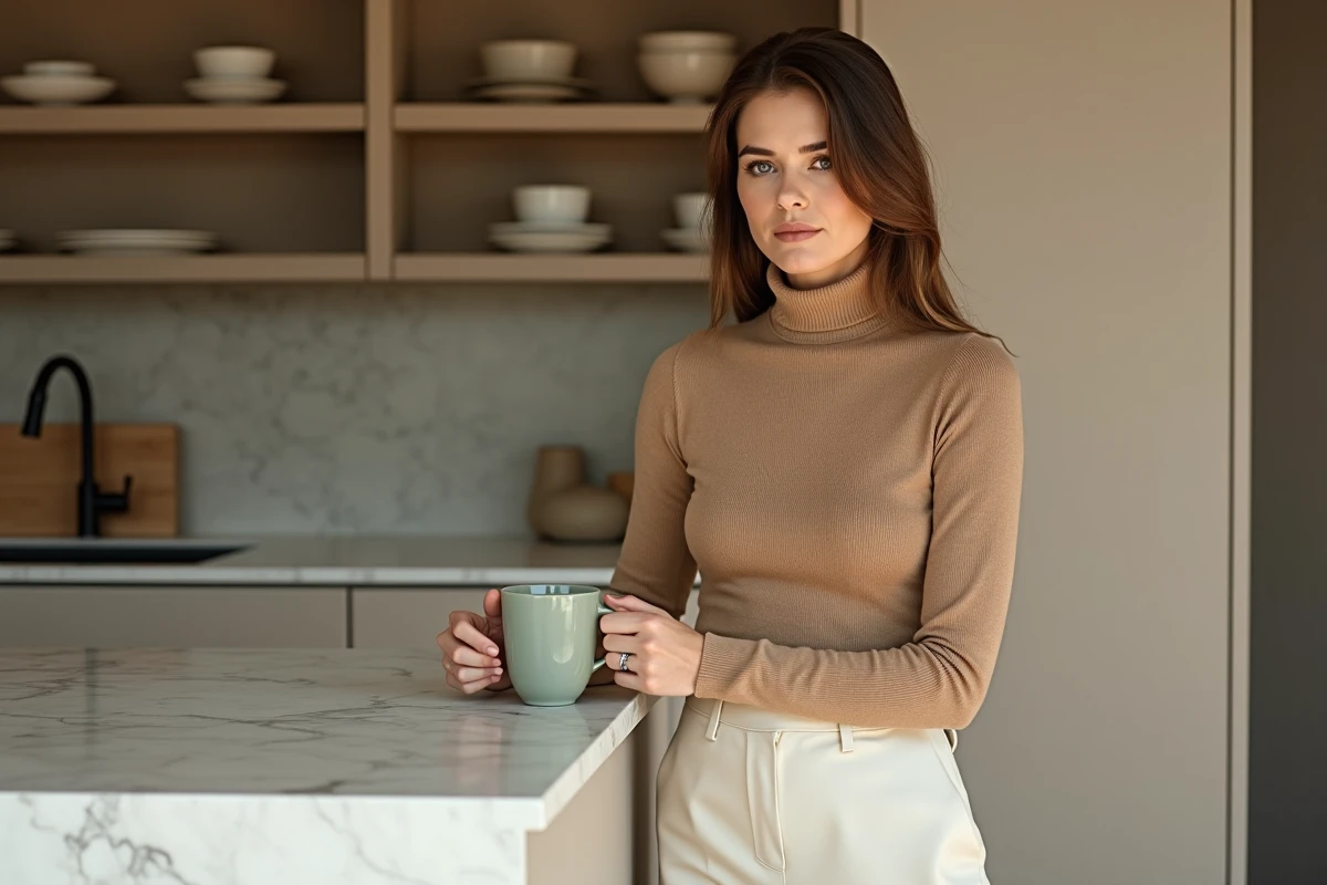 Femme élégante en cachemire camel tenant une tasse en céramique sauge dans une cuisine en marbre au style luxe discret