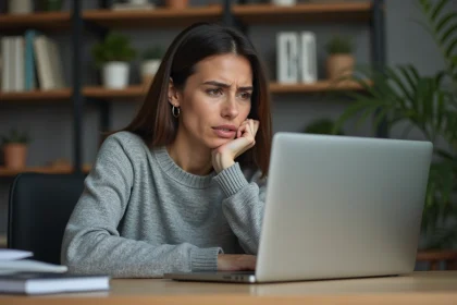 Femme frustrée devant son ordinateur portable cherchant une alternative à Rabitfinder
