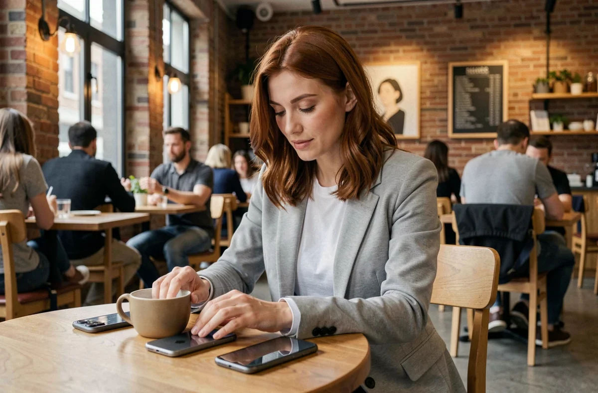 Femme utilisant un iPhone 16e dans un café branché avec un Android posé à côté