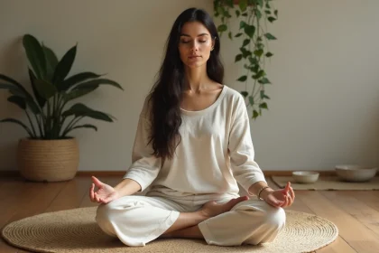 Femme en méditation les yeux fermés dans une pièce minimaliste, illustrant l'éveil spirituel et les flashs lumineux intérieurs