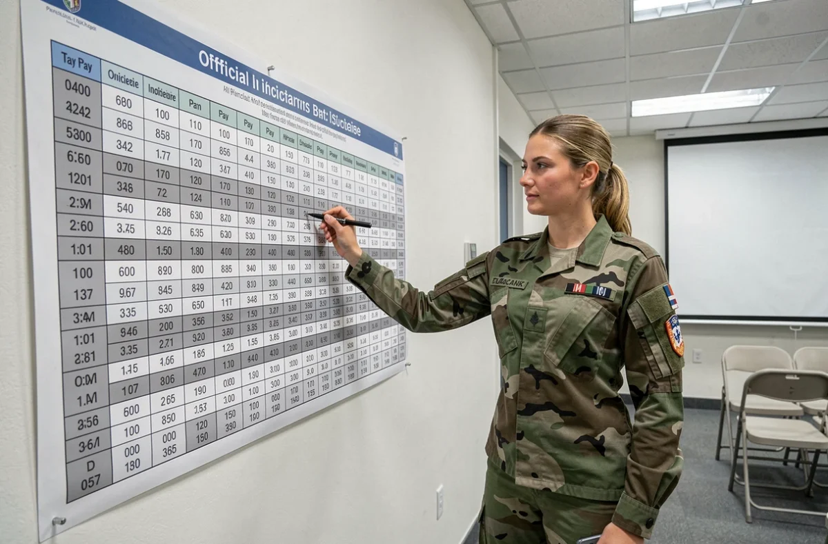 Femme officier de l'armée française présentant une grille indiciaire affichée sur un mur en salle administrative militaire