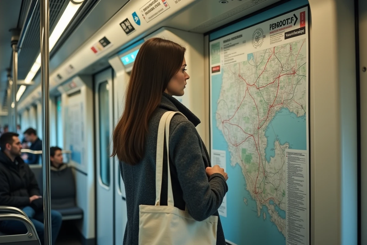 Femme consultant un plan du réseau RER à l'intérieur d'une rame de train en mouvement, intérieur typique d'un wagon RER parisien