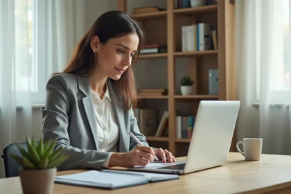 Femme planifiant ses projets avec une calculatrice de dates sur ordinateur portable et un agenda papier dans un bureau à domicile