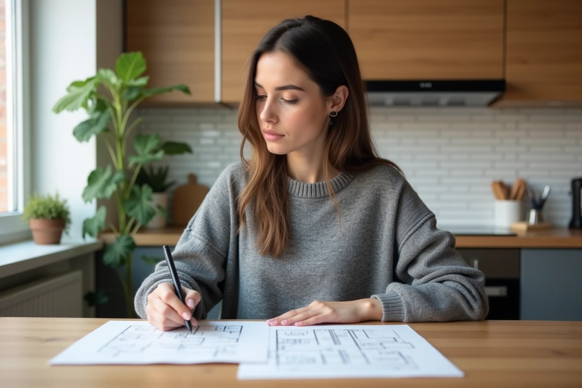 Femme étudiant des plans de T1 et T2 posés côte à côte sur une table dans un appartement moderne
