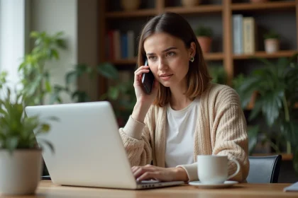 Femme contactant le service client AliExpress par téléphone depuis son bureau à domicile