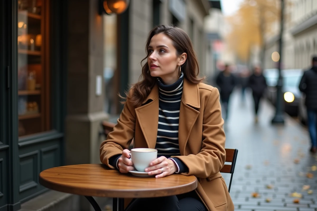 Femme seule à une terrasse de café en automne, regard pensif au loin, illustrant la réflexion sur ses sentiments amoureux et la question de l'amour sincère dans un couple