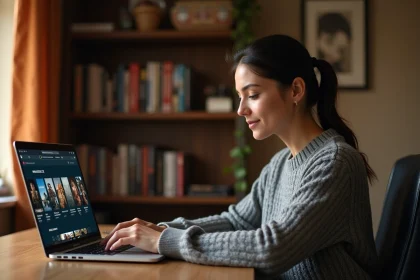 Femme consultant un site de streaming de films sur son ordinateur portable à la maison