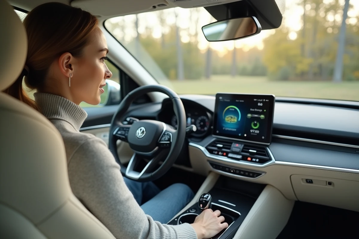 Femme au volant d'une voiture hybride consultant l'écran de flux énergétique du tableau de bord