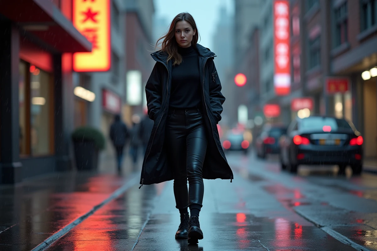 Femme en techwear noir marchant sur un trottoir mouillé en ville au crépuscule, mettant en valeur les textures techniques et imperméables des vêtements sombres