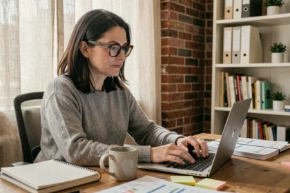 Femme en télétravail concentrée sur son ordinateur portable dans un bureau à domicile aménagé avec soin