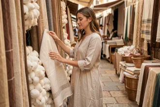 Femme en robe de lin écru touchant des tissus naturels dans un marché estival en plein air