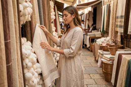Femme en robe de lin écru touchant des tissus naturels dans un marché estival en plein air