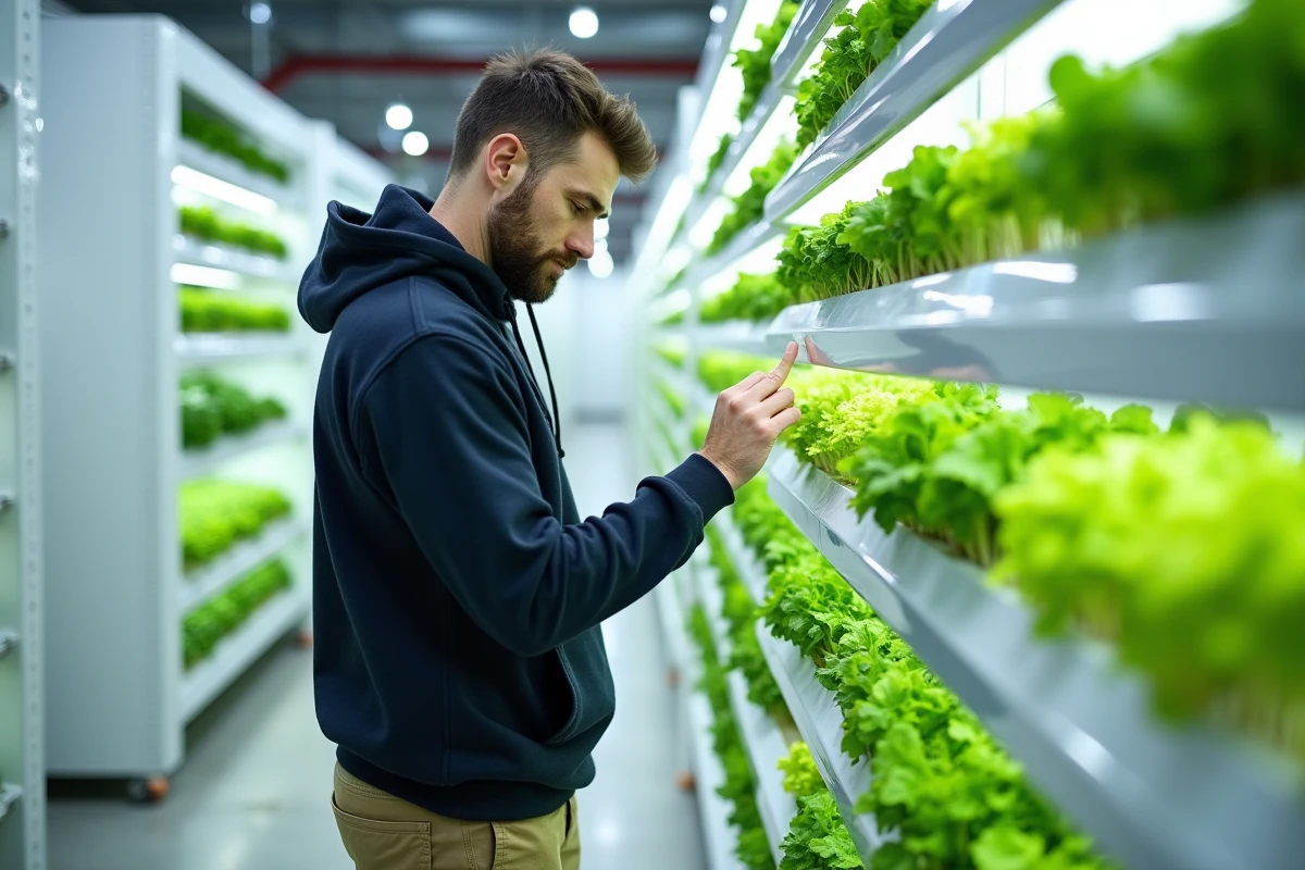 Homme inspectant des cultures hydroponiques dans une ferme verticale intérieure, représentant les nouvelles techniques d'agriculture urbaine