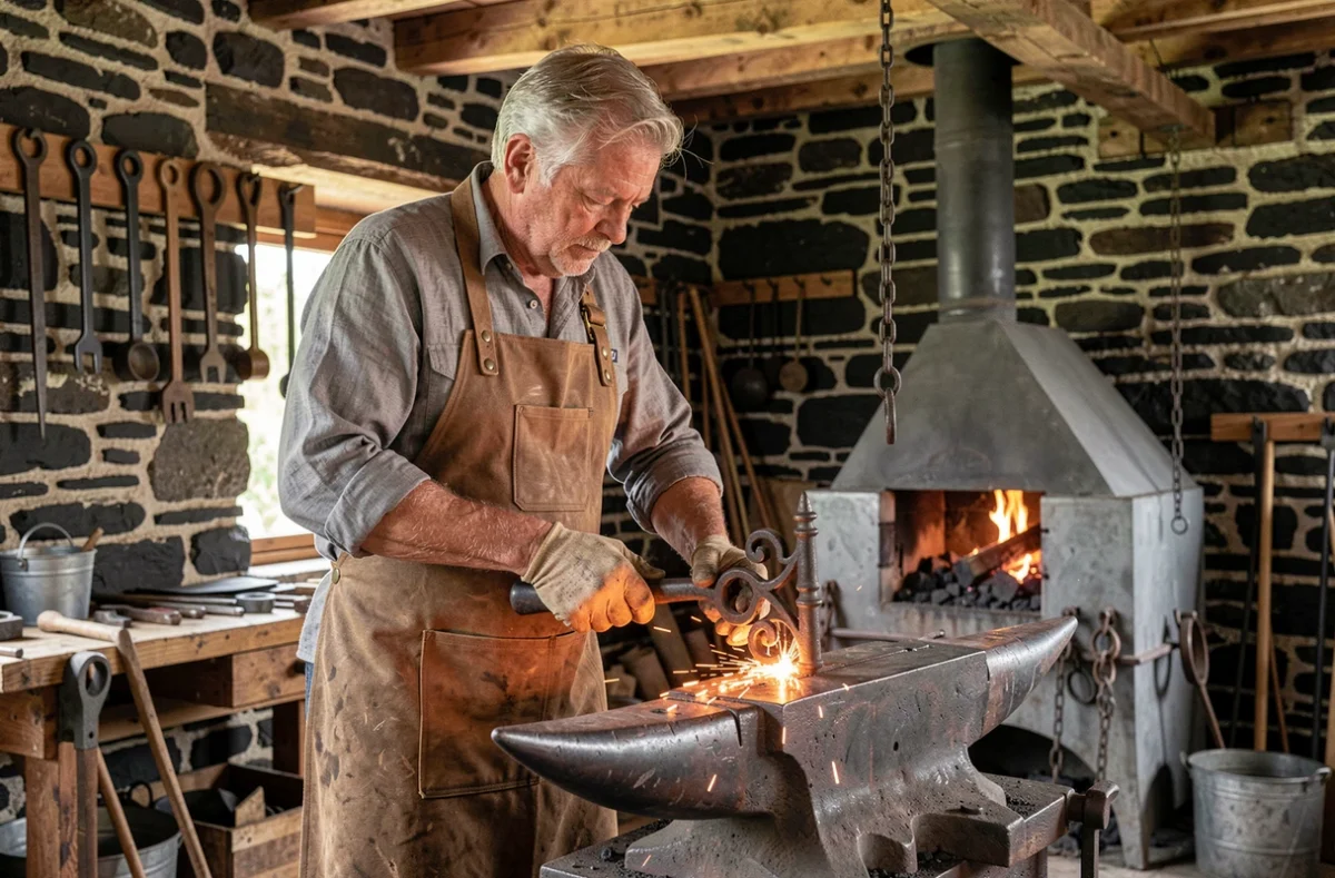 Artisan ferronnier de Pierre Bonichon forgeant une pièce en fer forgé ornemental dans son atelier de ferronnerie d'art traditionnel en Creuse