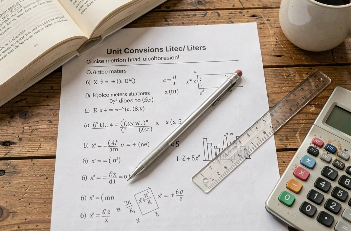 Vue de dessus d'un bureau avec une fiche d'exercices de conversion mètre cube en litre, une calculatrice et un crayon