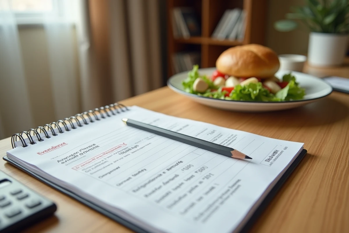Fiche de paie avec calcul de l'avantage en nature repas posée sur un bureau avec calculatrice, notes manuscrites et repas simple