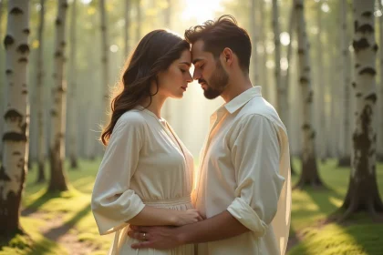Couple de flammes jumelles se touchant le front dans une forêt de bouleaux, symbolisant la connexion spirituelle et l'amour inconditionnel