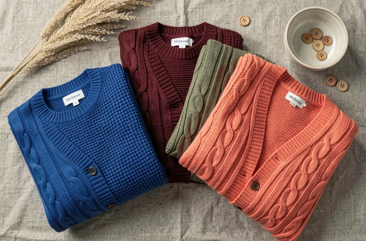 Flat lay de pulls et cardigans en maille colorée aux textures variées pour les tendances mode de la mi-saison