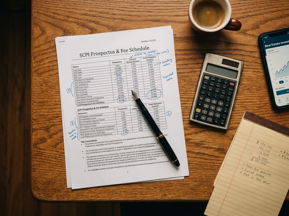 Vue de dessus d'un bureau avec un prospectus SCPI annoté, une calculatrice et un carnet de notes pour analyser les frais d'investissement