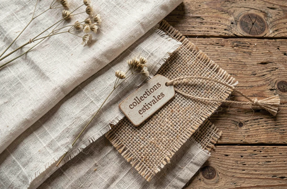 Flat-lay d'échantillons de tissus naturels estivaux en lin, coton bio et ramie sur une table en bois brut