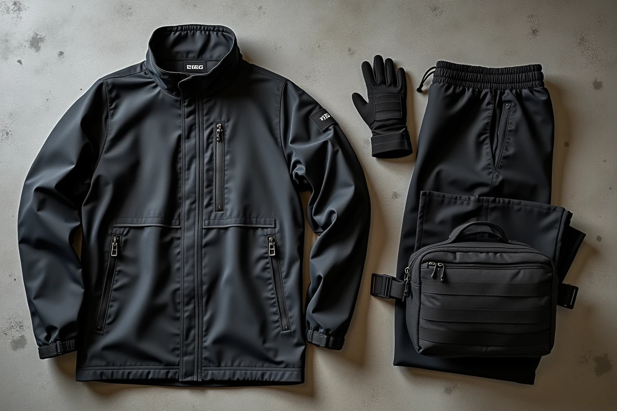 Flat-lay éditorial de vêtements et accessoires techwear entièrement noirs sur béton brossé, illustrant la diversité des textures et matières techniques monochromes