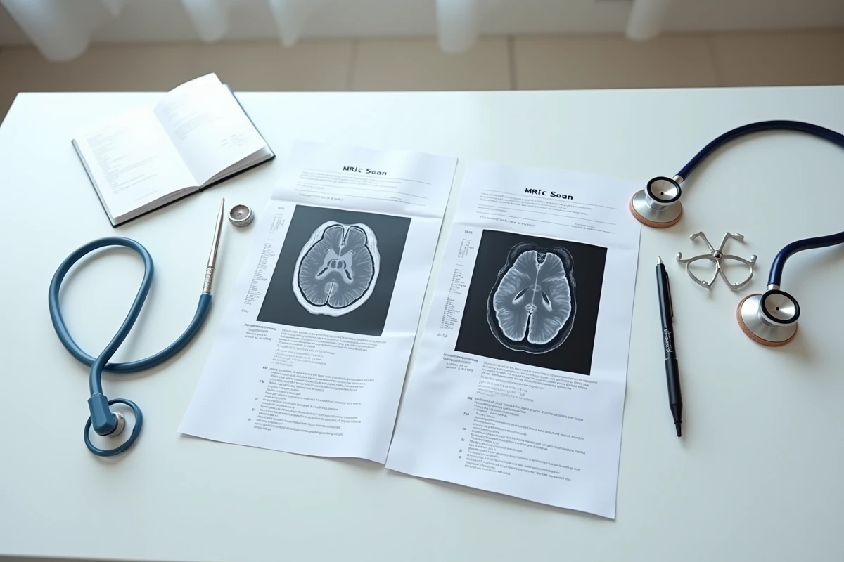 Vue aérienne de feuilles IRM T1 et T2 annotées sur un bureau médical avec stéthoscope et matériel d'étude