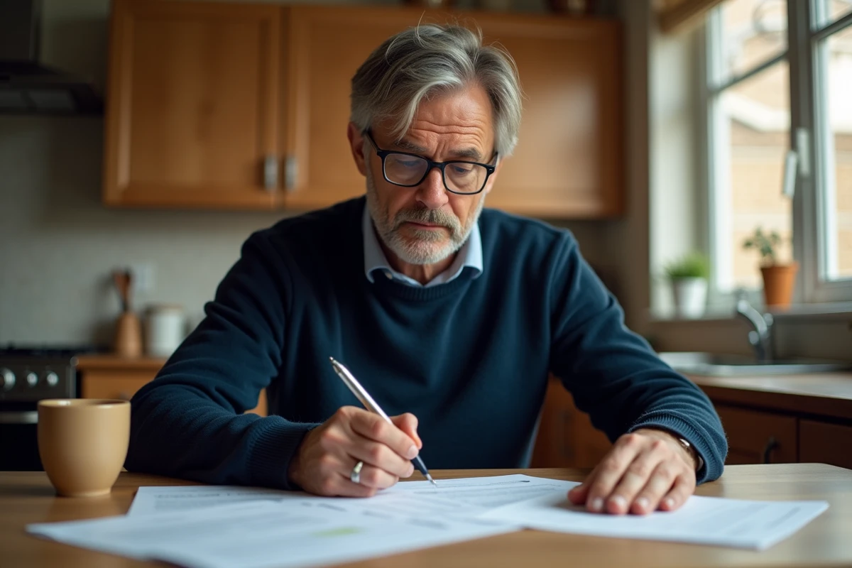 Homme étudiant les formulaires administratifs liés au délai d'une adoption simple à son domicile