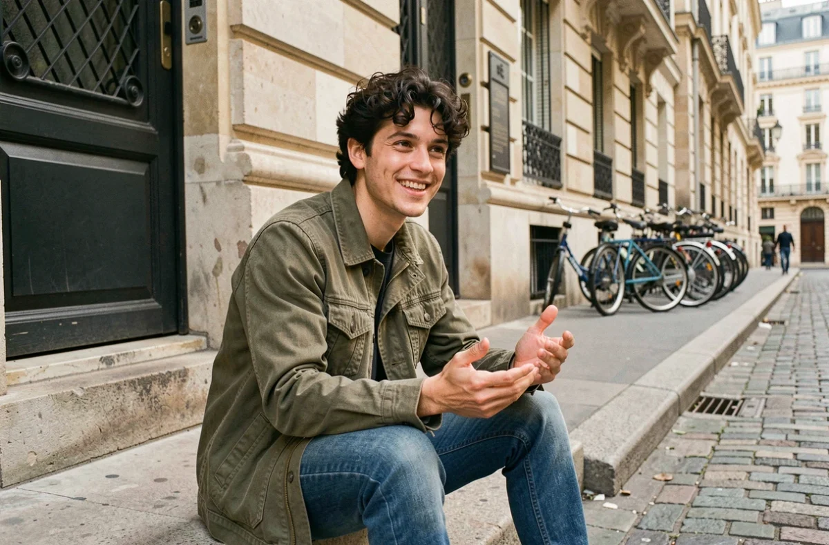 Gabriel Attal jeune homme souriant devant un immeuble haussmannien parisien, style éditorial 2026