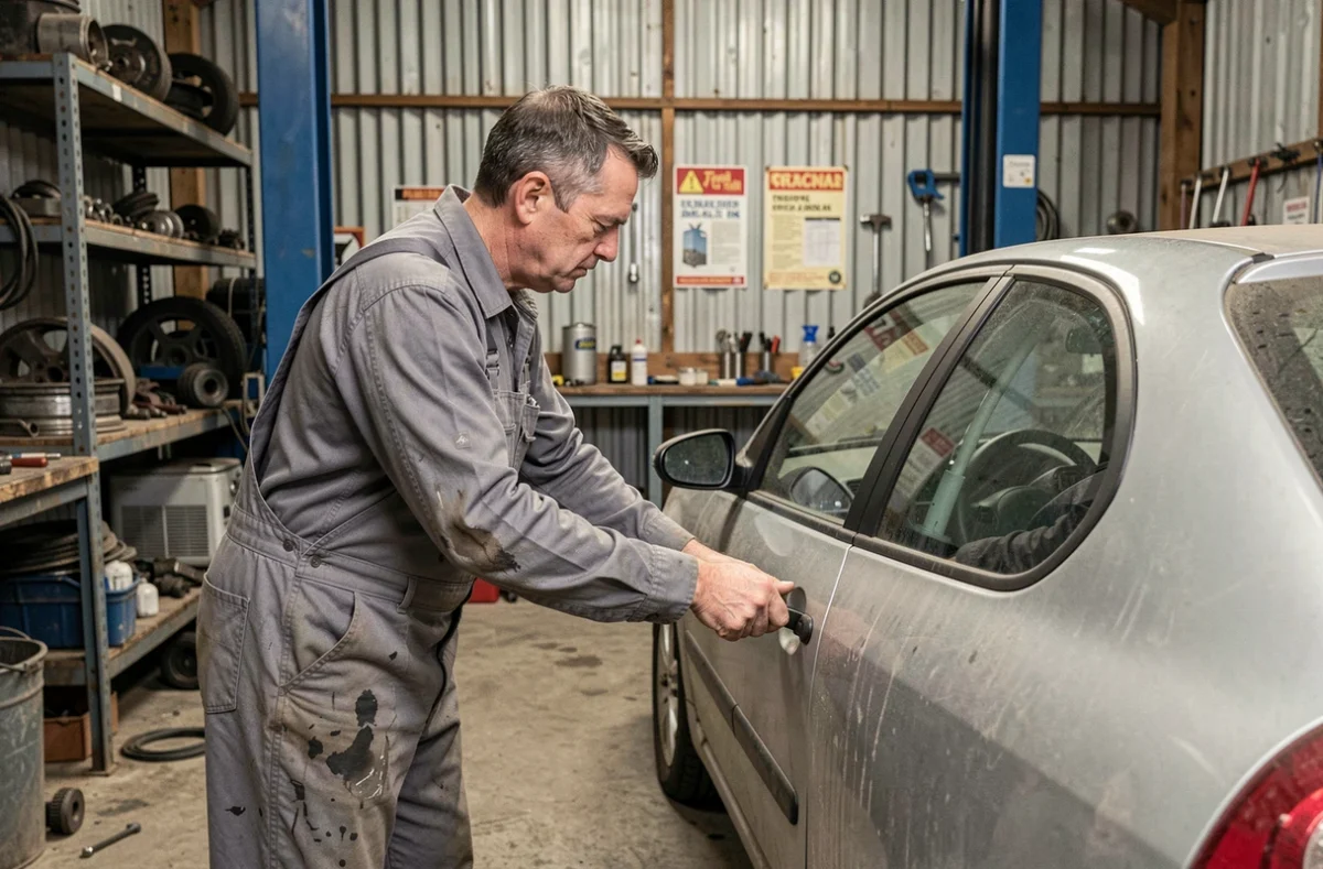 Mécanicien du Garage Laville en Creuse utilisant un outil d'ouverture pour déverrouiller une portière de voiture dans son atelier mécanique rural