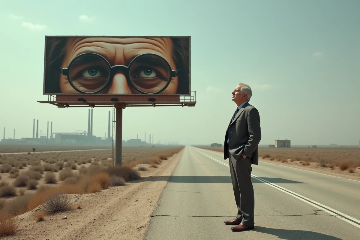 Homme usé en costume gris contemplant un panneau publicitaire délabré représentant des yeux géants dans une vallée industrielle, métaphore du regard moral et du déclin du rêve américain dans Gatsby le Magnifique