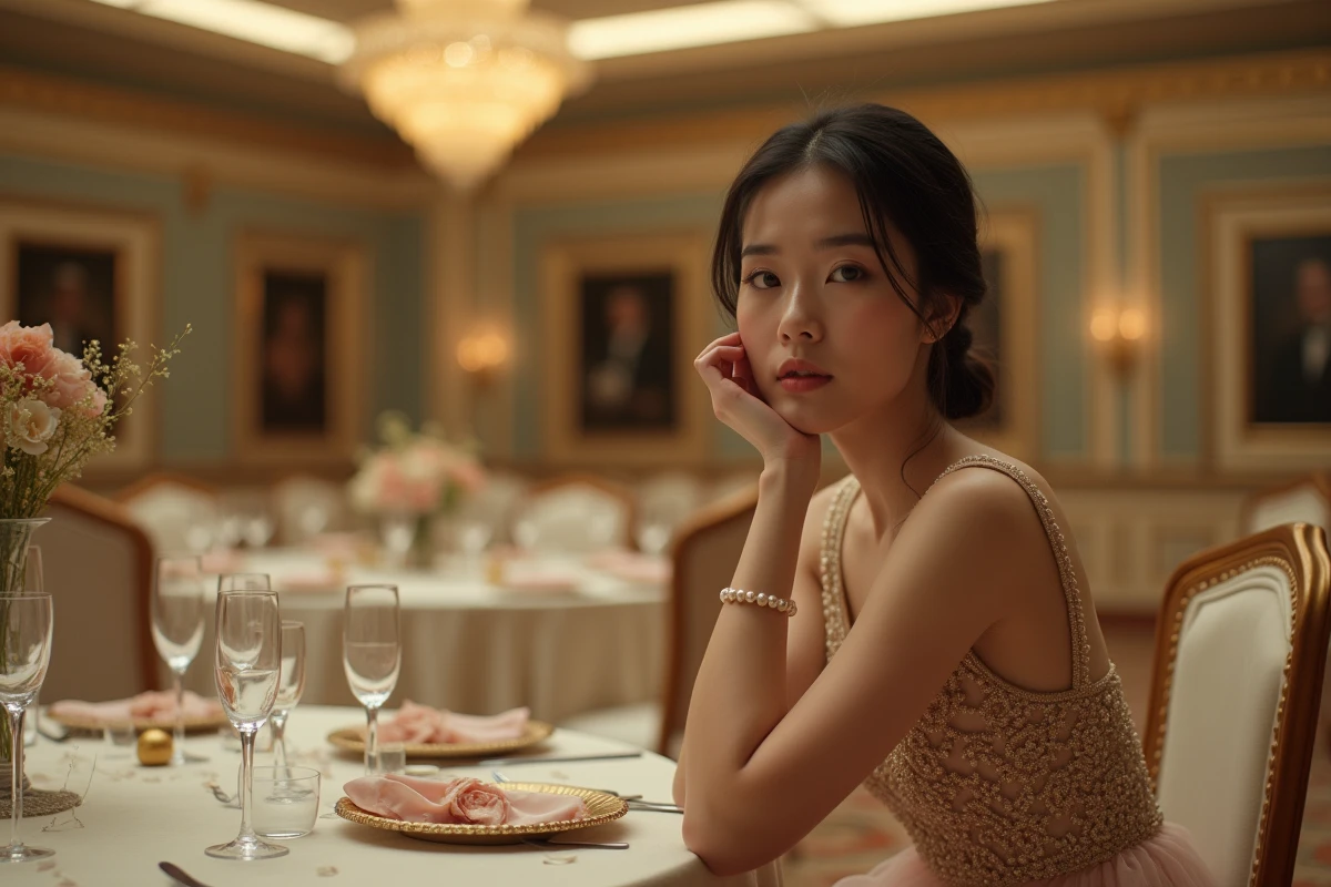 Femme mélancolique en robe dorée des années folles assise seule dans une salle de bal Art Déco après une fête, symbolisant la désillusion et la vacuité de la richesse dans Gatsby le Magnifique